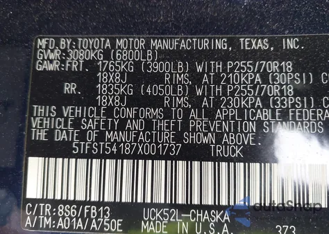 2007 Toyota Tundra Sr5 4.7L V8 z USA, uszkodzony, nr VIN 5TFST54187X001737